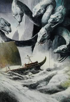 an image of a boat in the water with sea monsters surrounding it and people on board