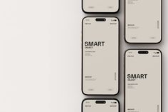 four smartphones with smart object on them are arranged in the shape of three rectangles