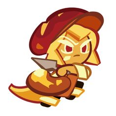 an image of a cartoon character with a hat and gloves on, holding a knife