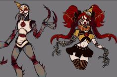 two cartoon characters in different poses, one with red hair and the other with white makeup