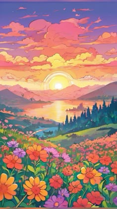 a painting of flowers and mountains with the sun setting in the sky behind them,