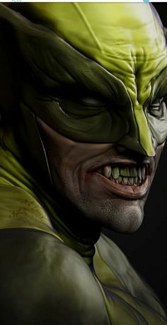 an image of a man with green hair wearing a mask and looking at the camera