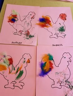 four children's handprints depicting different types of chickens and roosters on pink paper
