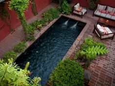 an aerial view of a pool surrounded by greenery and patio furniture, with couches on either side