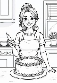 a woman holding a knife and standing in front of a cake with cupcakes on it