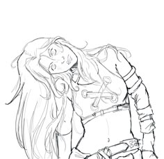 a black and white drawing of a girl with her hand on her hip, looking to the side