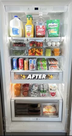 an open refrigerator filled with lots of different types of food and drinks in it's doors