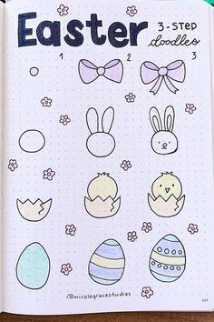 an open notebook with easter doodles on it