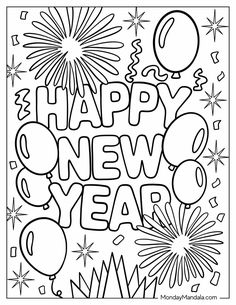happy new year coloring page with fireworks and balloons