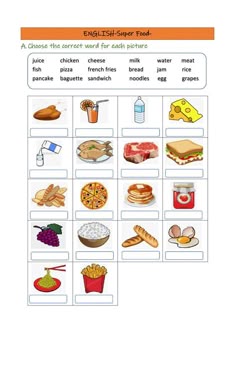 food worksheet with pictures and words to help students learn the english word family