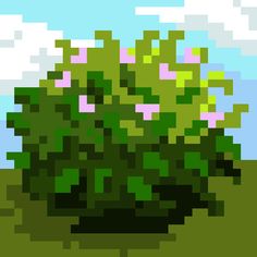 a pixellated image of a tree with pink flowers in the foreground and blue sky behind it