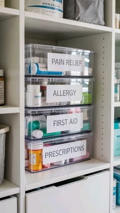 the shelves are filled with medicine and other medical supplies, including prescription bottles on them