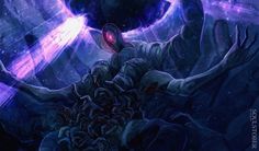 an image of a demonic creature in the middle of a dark room with light coming from its eyes