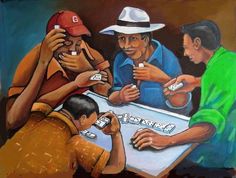 a painting of three men playing a game of checkers with one man wearing a hat