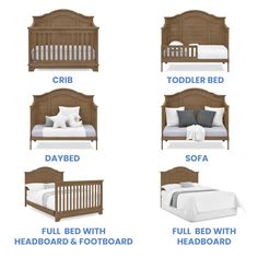 four different types of beds with names on them