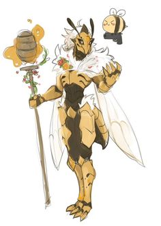 a drawing of a bee holding a stick and wearing a dress with flowers on it