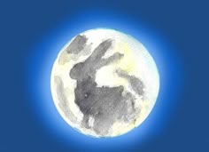 a drawing of a rabbit on the moon with blue sky in the backgroud