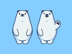 two white polar bears standing next to each other on a blue background with one bear holding the other's paw