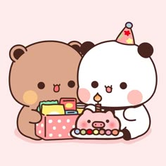 two brown teddy bears sitting next to each other with a cake in front of them