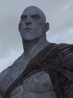 an image of a man with tattoos on his chest and arm, standing in front of a cloudy sky