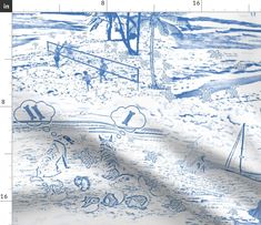 a blue and white beach scene with people on it