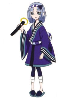 an anime character holding a microphone and wearing a purple outfit with blue hair, standing in front of a white background