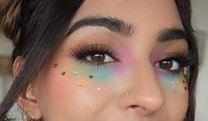 Pride Glitter Ideas, Gemstones Makeup, Pride Makeup With Gems, Pride Gems On Face, Gemstone Makeup, Pride Makeup Gems, Pride Face Gems, Pride Rhinestone Makeup, Rainbow Gem Makeup