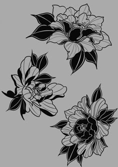 Traditional Black Floral Tattoo, Black White Peony Tattoo, Flower Tattoos Blackwork, Punk Flower Tattoo, Black And Grey Traditional Flower Tattoo, Bold Blackwork Tattoo, Black Work Floral Tattoo, Goth Woman Tattoo, Tattoo Flash Flowers