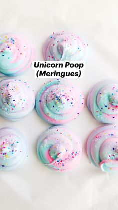six unicorn poop meringues with sprinkles on them and the title overlay reads, unicorn poop mering
