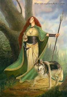 a painting of a woman holding a spear next to a wolf