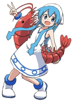 an anime character with blue hair and white dress, holding a lobster in her hand