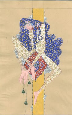 an illustration of a woman with long hair and blue eyes sitting on a yellow striped background