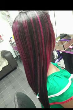 Pink hair Pink And Dark Brown Hair, Straight Hair With Pink Highlights, Dark Pink Hair Streaks, Pink Highlights On Black Hair, Black Hair With Pink Streaks, Straight Black Hair With Pink Highlights, Pink Highlights In Black Hair, Hot Pink Highlights, Pink Hair Streaks Straight Hair