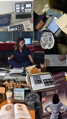 a collage of photos with books, laptops and other things on the table