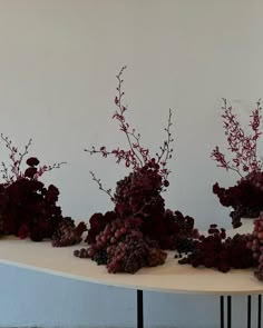 three vases with red flowers and branches on a white table in front of a wall