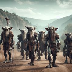 a group of men with long hair and beards walking down a dirt road