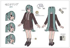 an anime character with blue hair and long green hair, wearing a brown jacket and black shoes