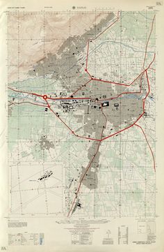 an old map with red lines on it