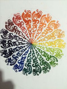 an image of a rainbow colored circle with swirls and leaves on white paper in the center
