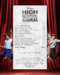 the poster for high school musical shows two young men jumping up and down on stage