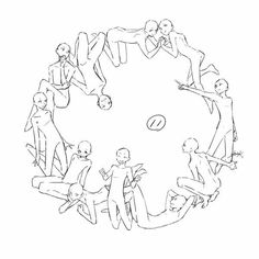 a drawing of people sitting in a circle with one person reaching up to catch the ball