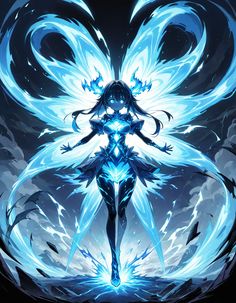 a woman with blue hair and wings standing in front of a dark background, surrounded by clouds
