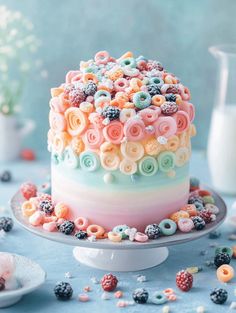 there is a colorful cake on the table