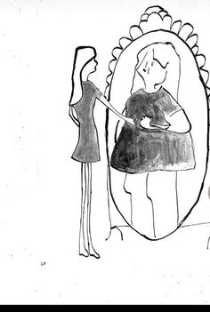 a drawing of a woman looking at her reflection in a mirror while holding a cat