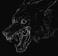 a black and white drawing of a dog's head with it's mouth open