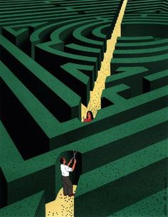 two people are standing in the middle of a maze with one person looking at another
