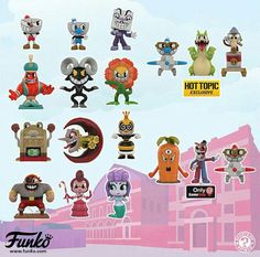 an assortment of cartoon characters are shown in this advertisement for fuki's hot topic toys