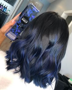 Blue Hair On The Ends, Blue Hair At The Ends, Black Hair With Navy Blue Highlights, Blue Hair Highlights For Black Hair, Dark Blue Hair Highlights For Black Hair, Short Black Hair With Blue Highlights, Short Black Hair With Dark Blue Highlights, Dark Blue Hair Dye Highlights, Midnight Blue Hair Wolf Cut