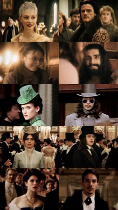 many different pictures of people with hats and glasses in the same photo, one is wearing a top hat