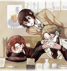 two people sitting at a table with drinks in front of them and one person holding the other